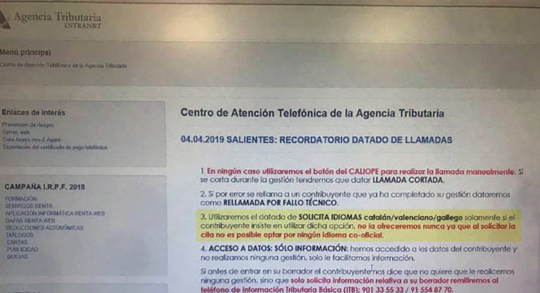 Hacienda ordena a sus trabajadores no ofrecer atención telefónica en catalán