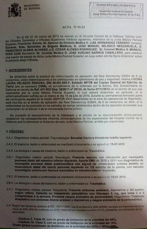 Los Generales Médicos diagnostican pericialmente el caso y dan la razón a la soldado Velasco.