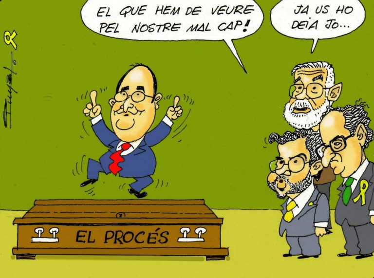#LaGuillotina Iceta bailando encima del ataúd del proceso independentista bajo la mirada de Riera, Aragonès y Torra