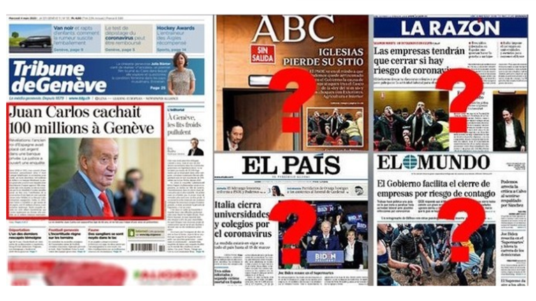 La Prensa de España oculta su Coronavirus: Portadas sin la corrupción del Rey en Suiza