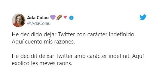 Ada Colau huye de Twitter con «carácter indefinido» sin hacer autocrítica