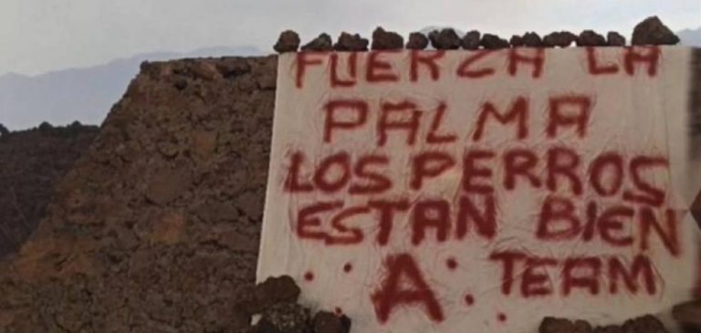 [Vídeo] Ocurrente audiovisual con la pancarta del ‘Equipo A’ que rescató a los perros de La Palma